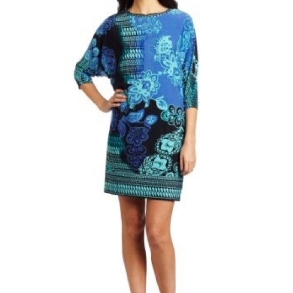 DONNA MORGAN Women's Blue Paisley Wedge Printed Jersey Mini Shift Dress Sz 16